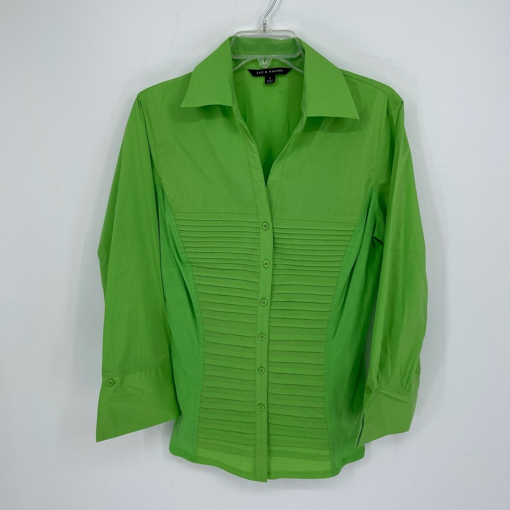 Zac & Rachel Women's Green Pleated Front 3/4 Sleeve Button Down Top Shirt Size L